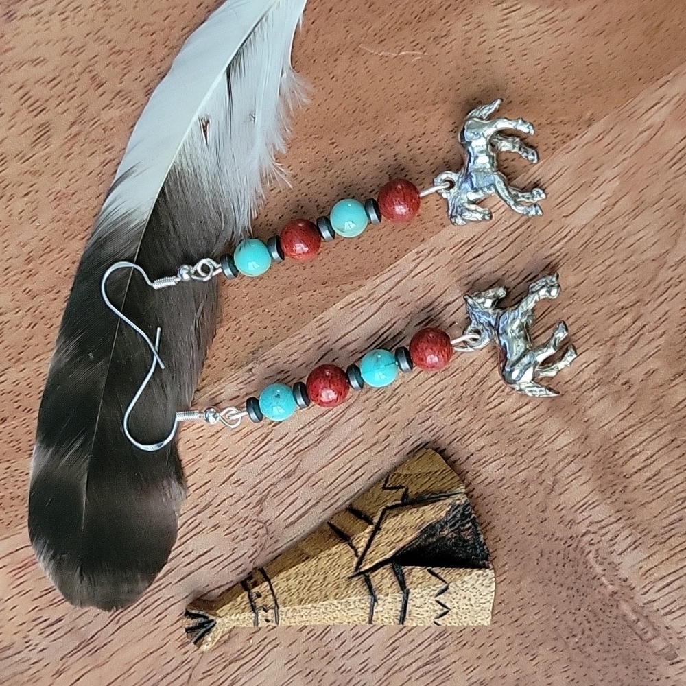 Southwestern Red Apple Coral Turquoise Hematite Silver Horse Charm Earrings